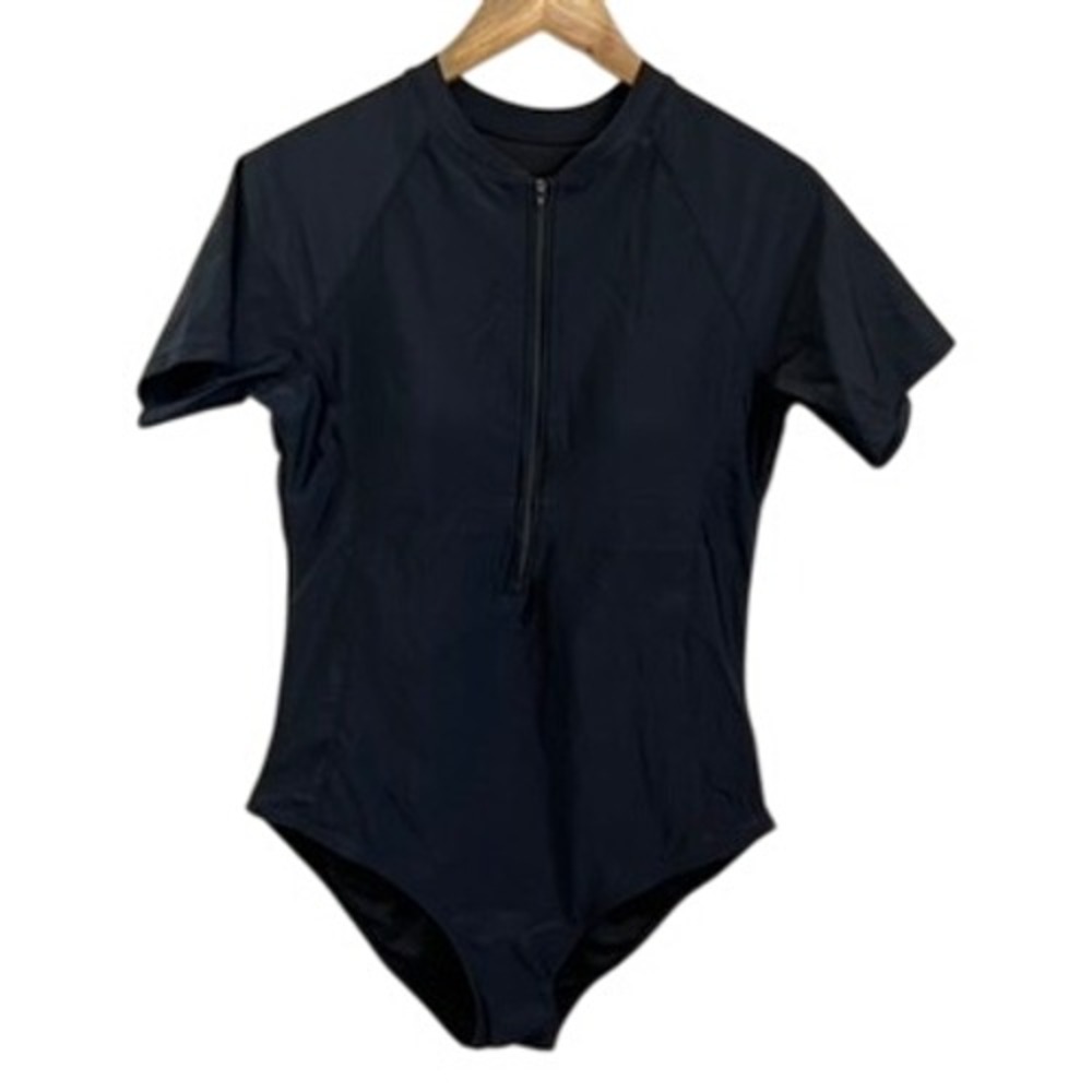 Yonique XXL Black Short Sleeve Zip‎ Front Swimsuit One Piece Rash Guard